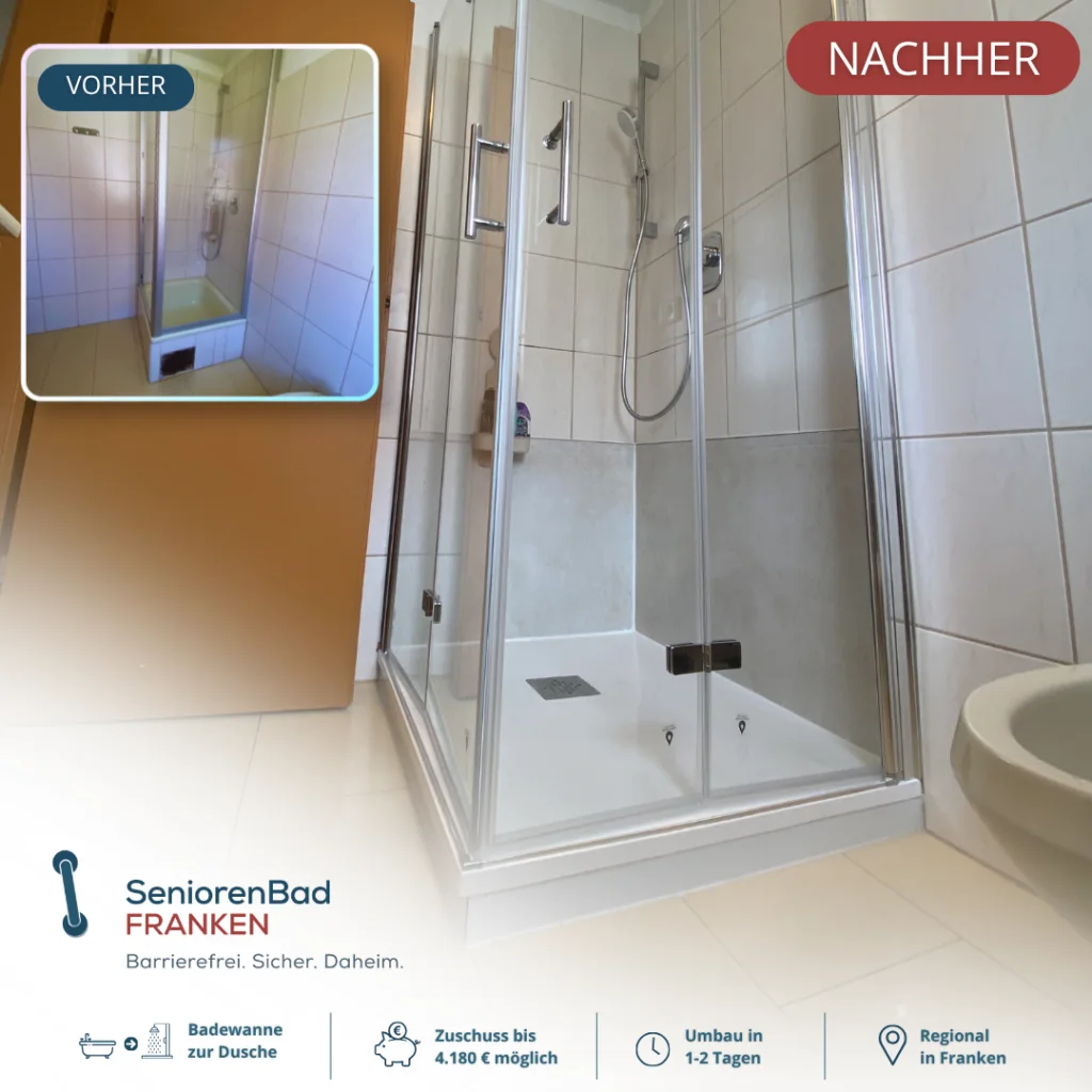 Vorher-Nachher Badumbau: Hohe Dusche durch eine barrierearme Dusche ersetzt.