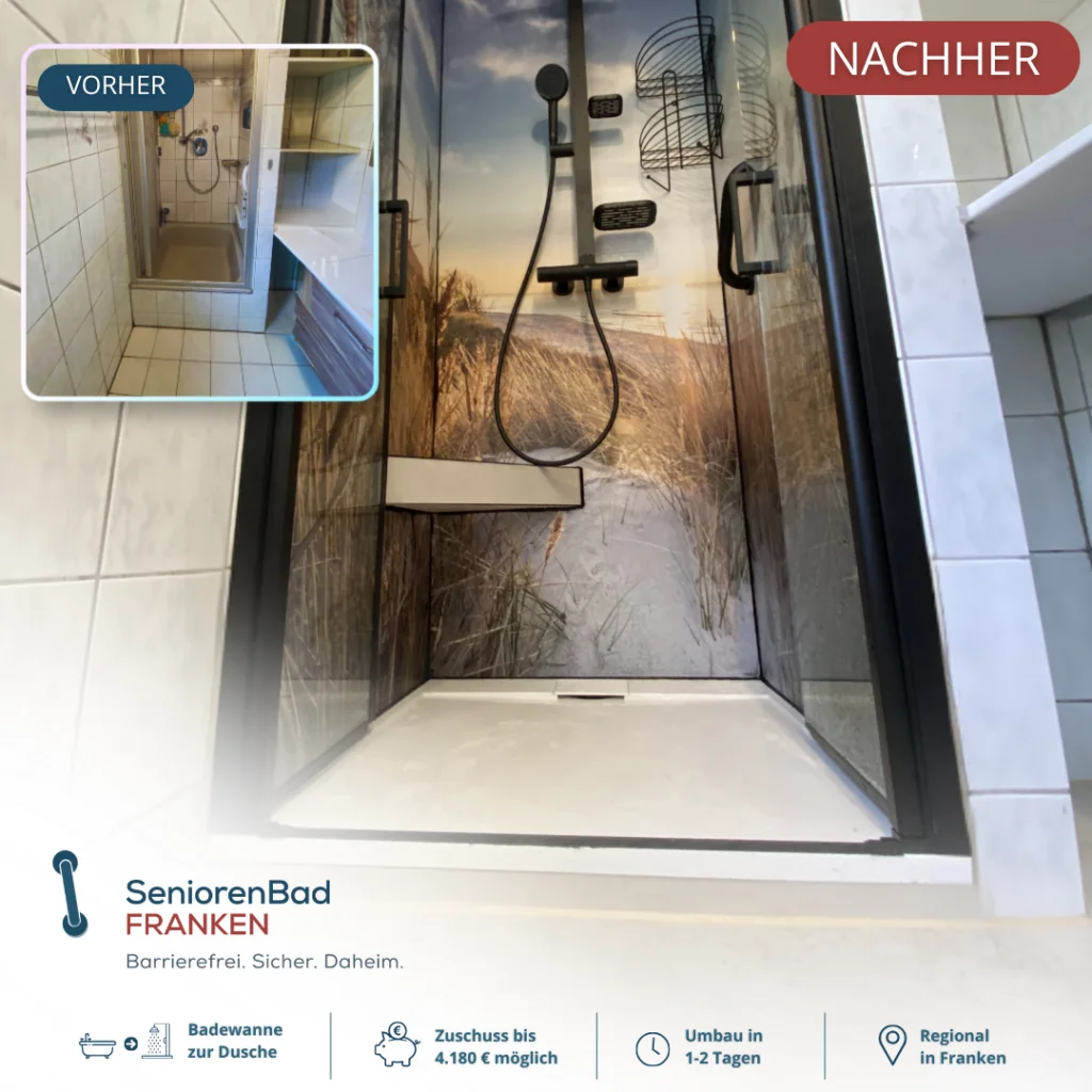 Vorher-Nachher Bild eines modernen barrierearmen Badumbaus mit neuer Dusche.