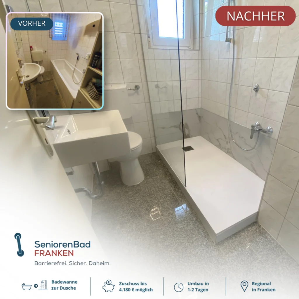Vorher-Nachher Badumbau: Badewanne durch eine barrierearme Dusche ersetzt.