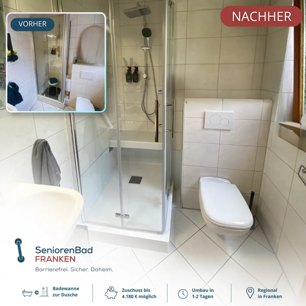 Vorher-Nachher Bild eines seniorengerechten Badumbaus mit neuer Dusche.