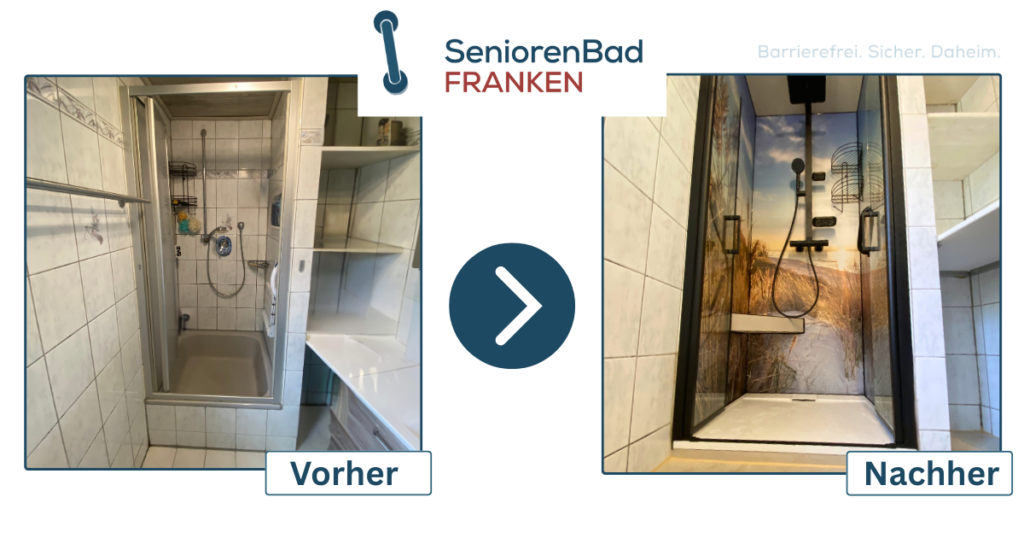 Referenzen & Kundenstimmen Vorher-Nachher-Beispiel eines Badumbaus: Eine alte Duschwanne wurde durch eine gut zugängliche Dusche mit niedrigem Einstieg ersetzt.