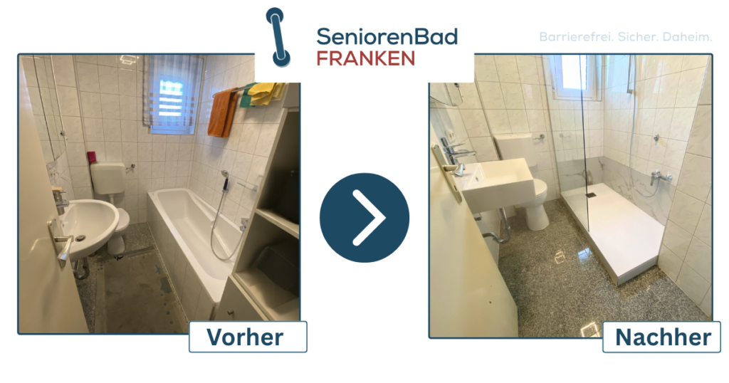 Referenzen & Kundenstimmen Vorher-Nachher: Badewanne raus, Dusche rein – seniorengerechter Badumbau mit niedrigem Einstieg.