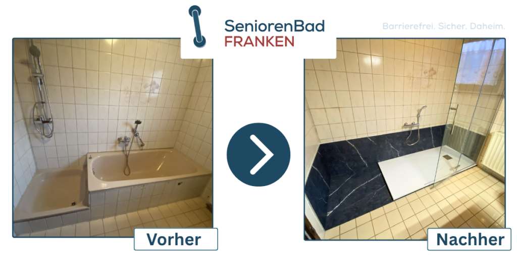 Referenzen & Kundenstimmen Vorher-Nachher-Beispiel: Badewanne und alte Dusche wurden entfernt und durch eine große offene Duschfläche mit Pendelfalttür ersetzt.