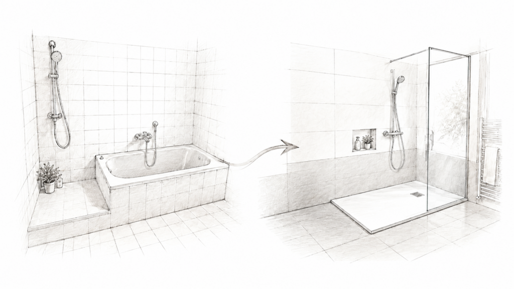 Badewanne zu Dusche vorher nachher entwurf SeniorenBad Franken vorher-nachher Badewanne zu Dusche Umbau