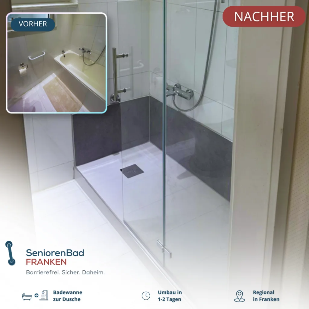 Vorher-Nachher Bild eines Badumbaus: Badewanne durch eine großzügige Dusche in gleicher Größe mit niedrigem Einstieg und Glasabtrennung ersetzt.