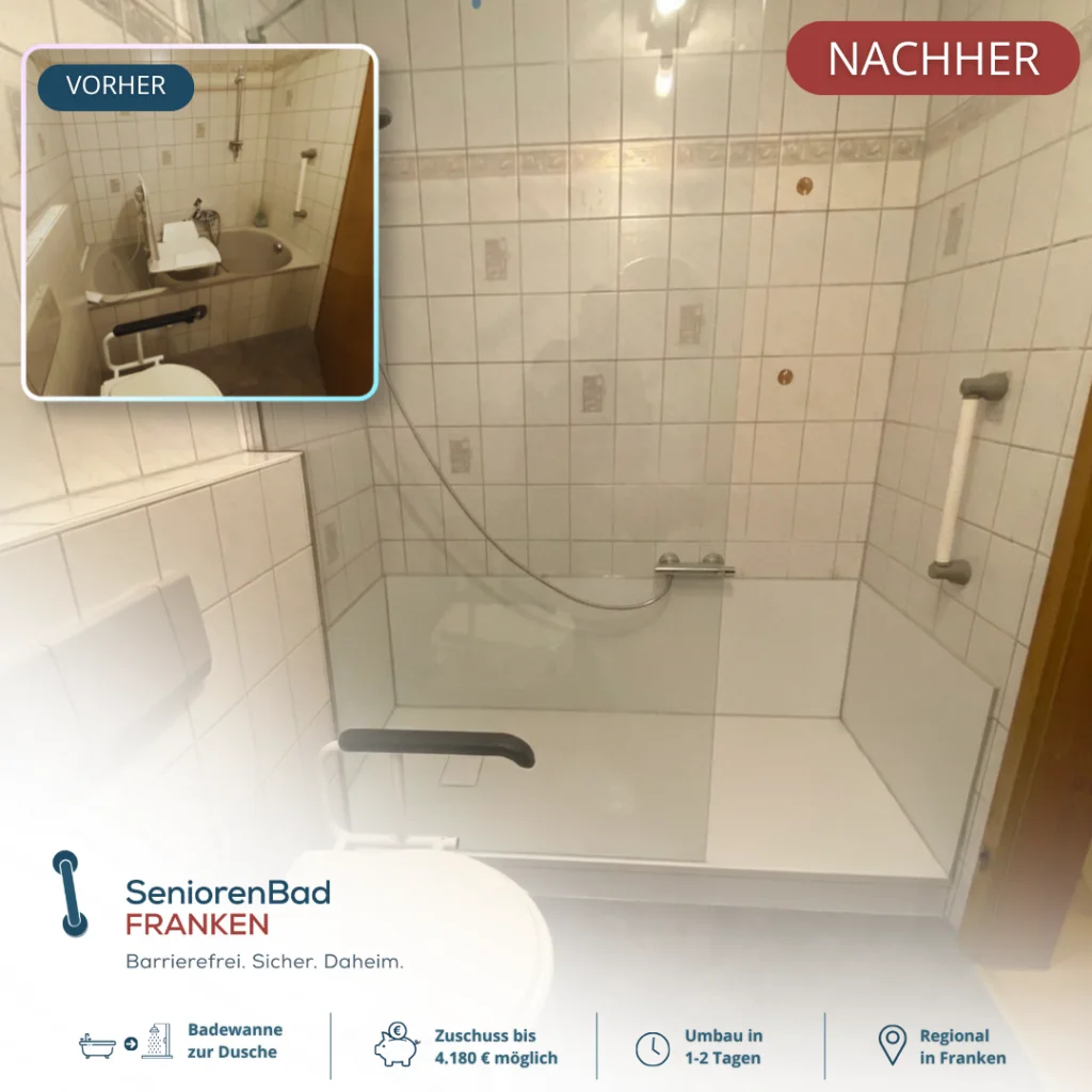 Vorher-Nachher Bild eines Badumbaus: Badewanne mit Wannenlift durch eine großzügige, barrierearme Dusche mit fester Glasseitenwand und fugenarmer Wandverkleidung ersetzt.