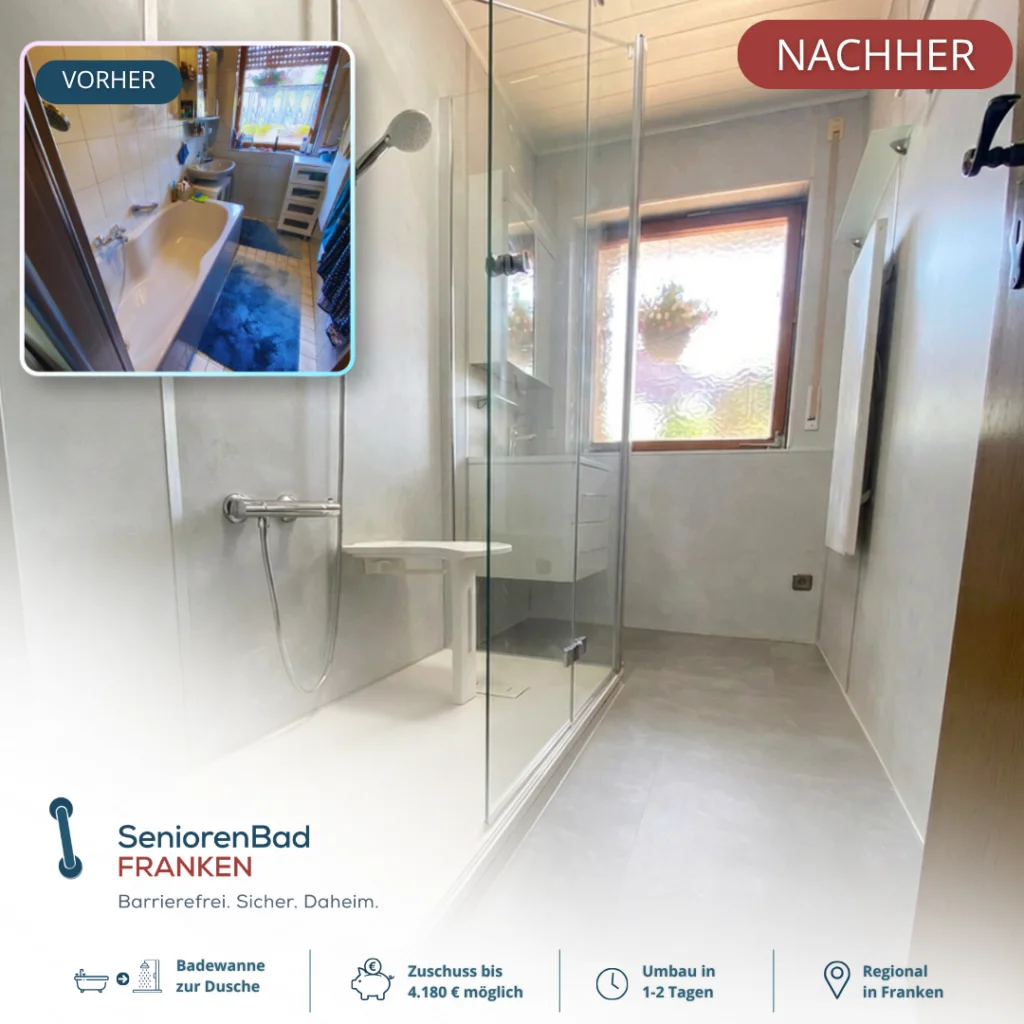 Vorher-Nachher Bild eines seniorengerechten Badumbaus mit neuer Dusche.