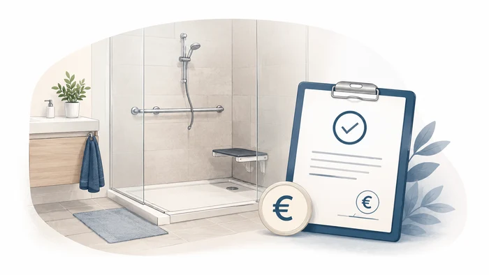 Illustration eines barrierearmen Badezimmers mit Duschsitz, Haltegriff und Unterlagen zur finanziellen Förderung.