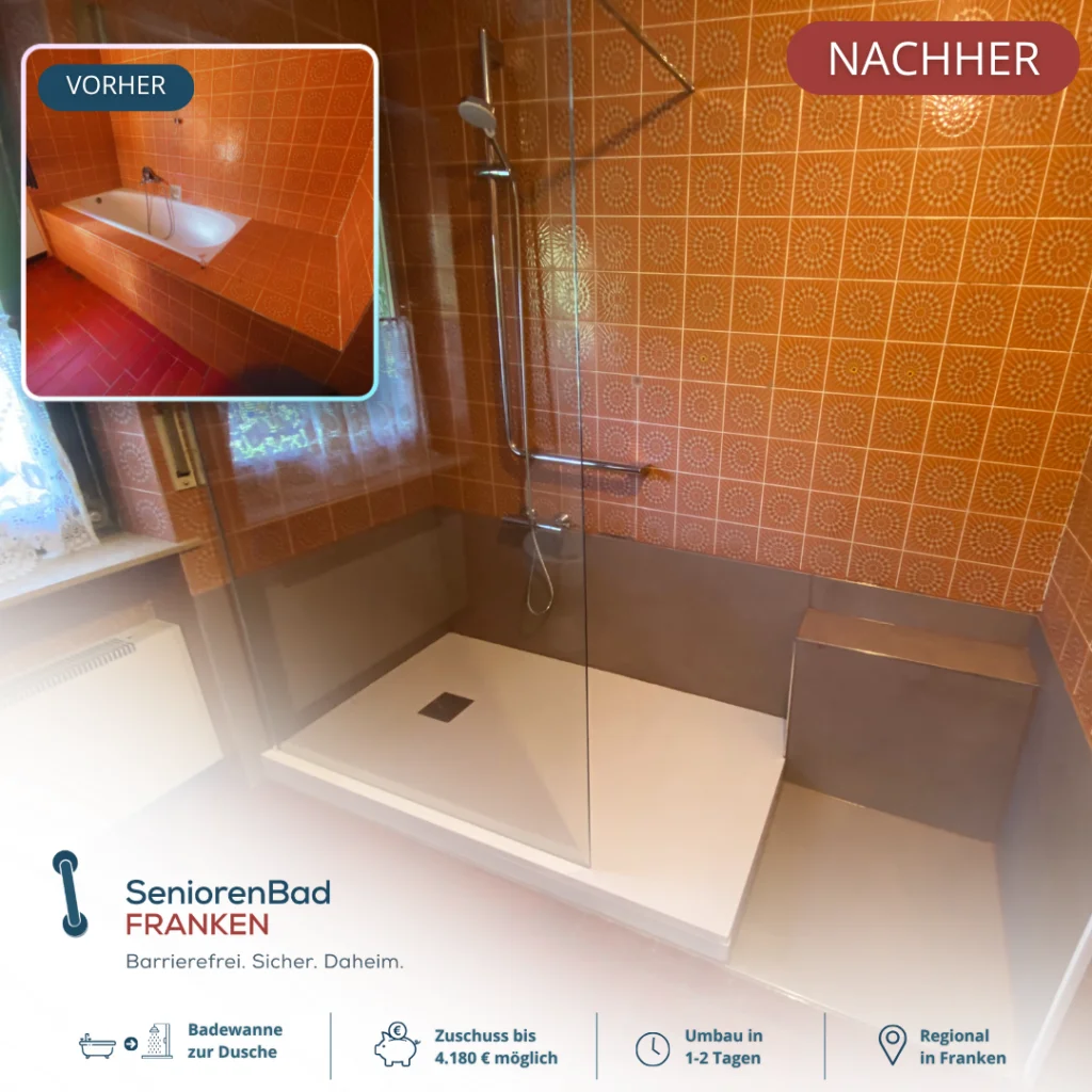 Vorher-Nachher Badumbau: Badewanne durch eine barrierearme Dusche ersetzt.