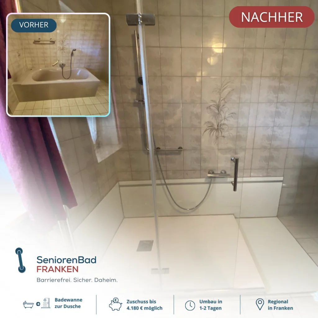 Vorher-Nachher Badumbau: Badewanne durch eine flache Dusche ersetzt.