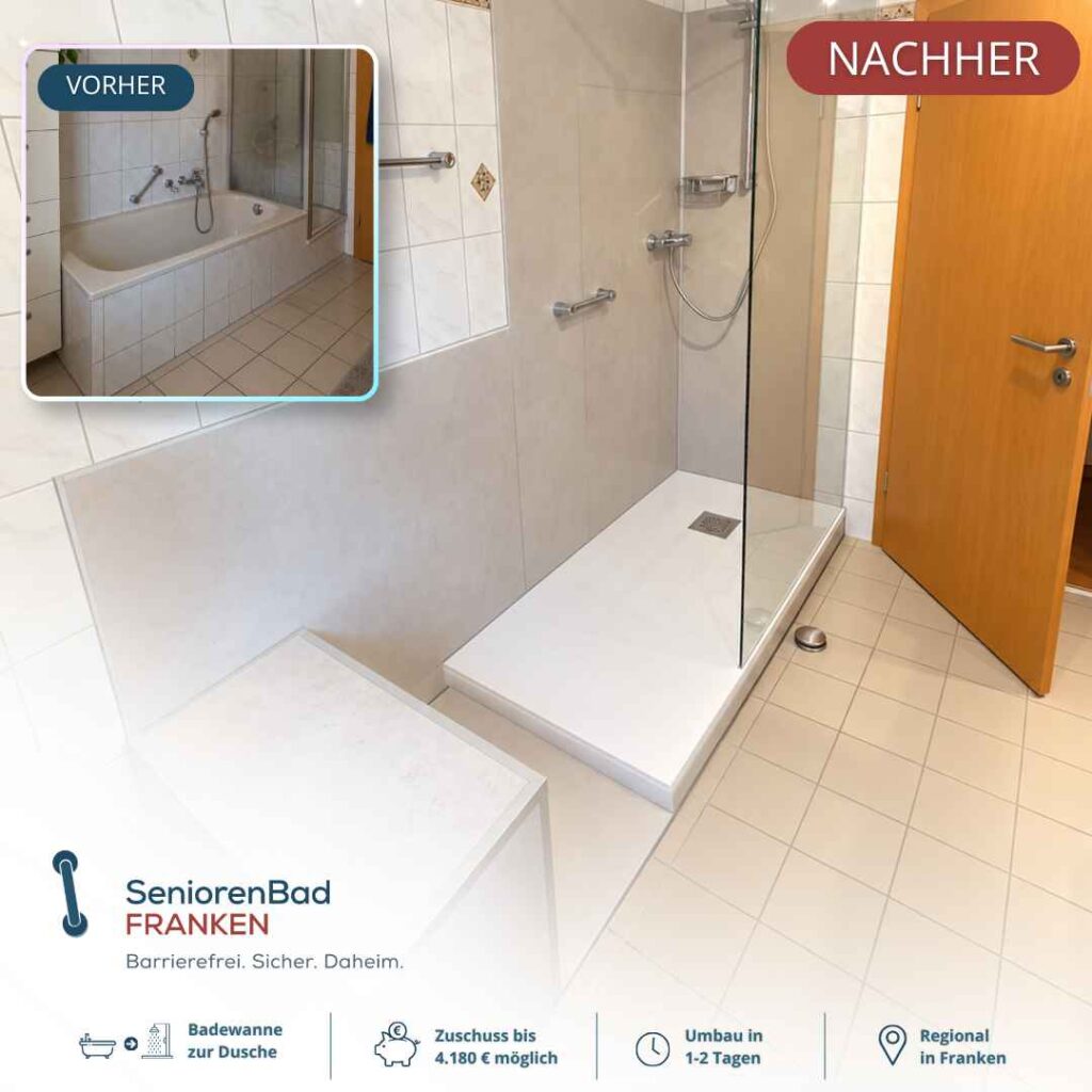 Vorher-Nachher Bild Badezimmerumbau Badewanne zu großer Dusche mit Sitzbank