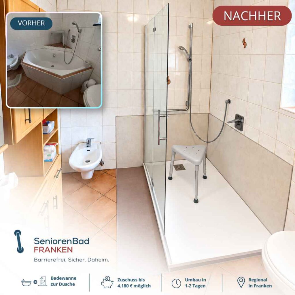 Vorher-Nachher Bild Badezimmerumbau Eckbadewanne zu großer Dusche